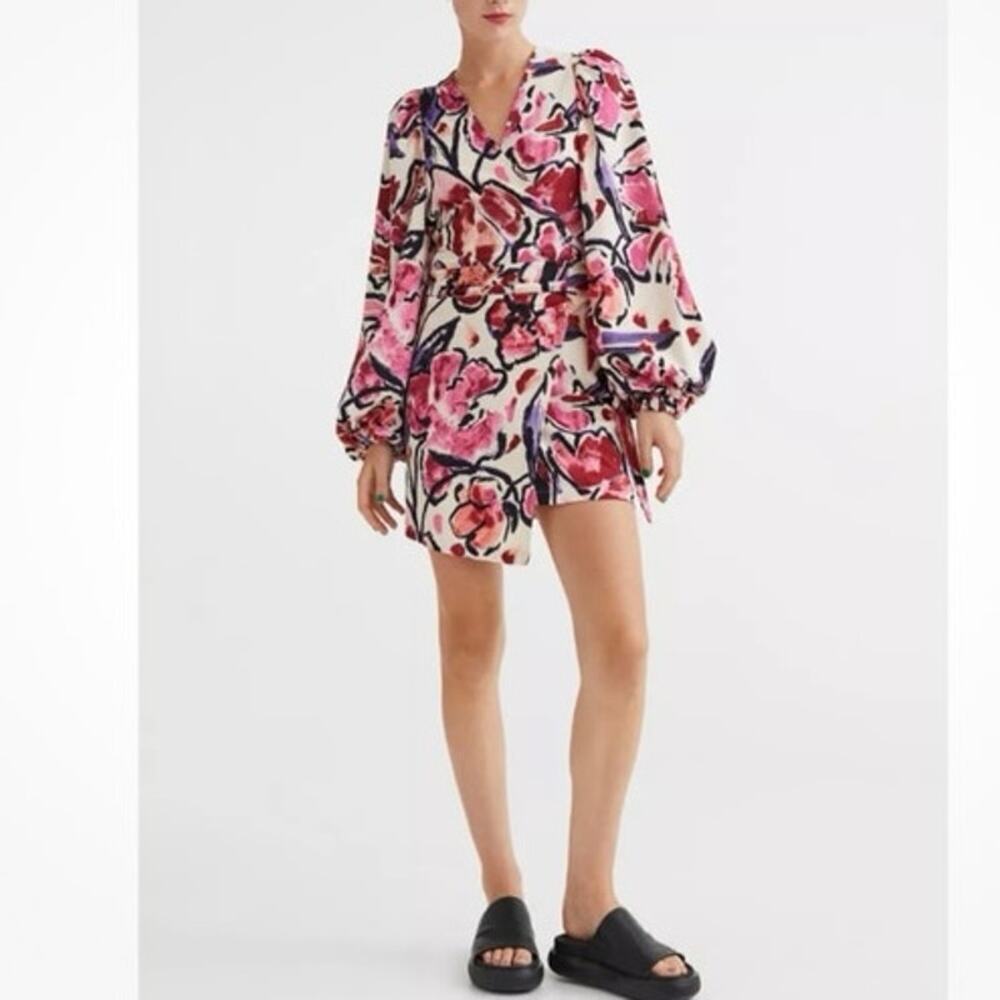 H&M ladies XS puff elastic sleeve red pink maroon wrap dress coverup floral mini